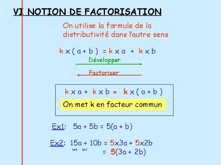 VI NOTION DE FACTORISATION On utilise la formule de la distributivité dans l’autre sens