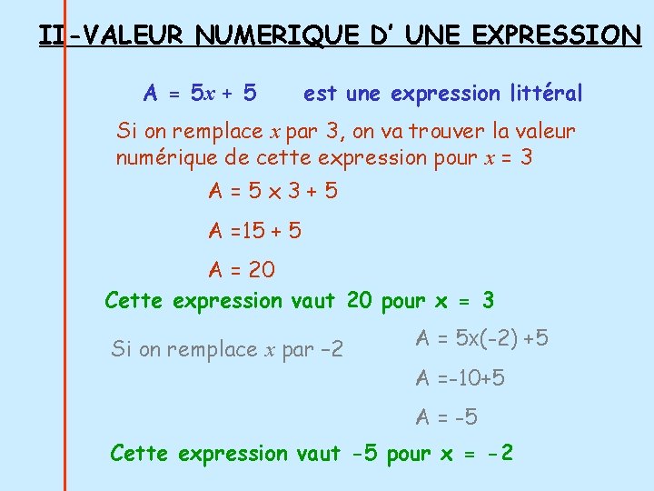 II-VALEUR NUMERIQUE D’ UNE EXPRESSION A = 5 x + 5 est une expression