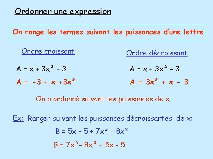 Ordonner une expression On range les termes suivant les puissances d’une lettre Ordre croissant