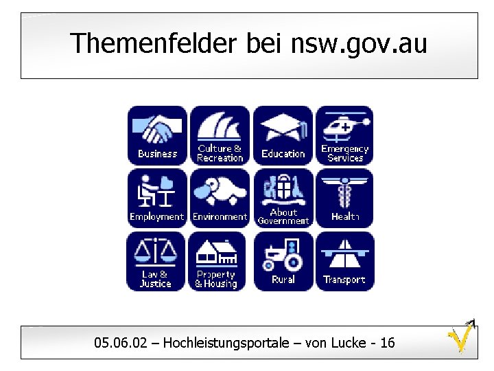Themenfelder bei nsw. gov. au 05. 06. 02 – Hochleistungsportale – von Lucke -