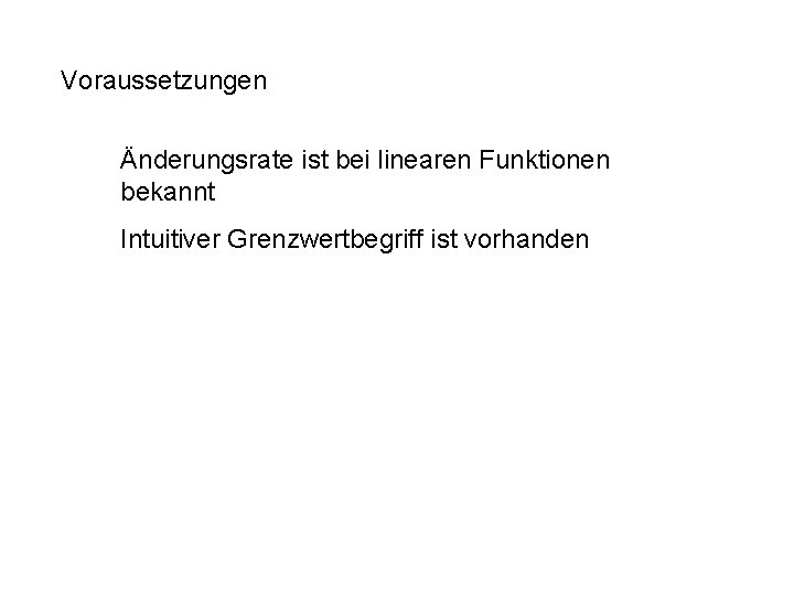 Voraussetzungen Änderungsrate ist bei linearen Funktionen bekannt Intuitiver Grenzwertbegriff ist vorhanden 