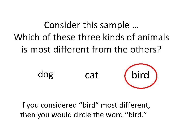 Consider this sample … Which of these three kinds of animals is most different