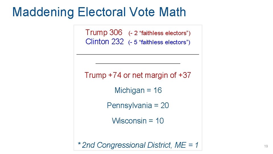 Maddening Electoral Vote Math Trump 306 (- 2 “faithless electors”) Clinton 232 (- 5