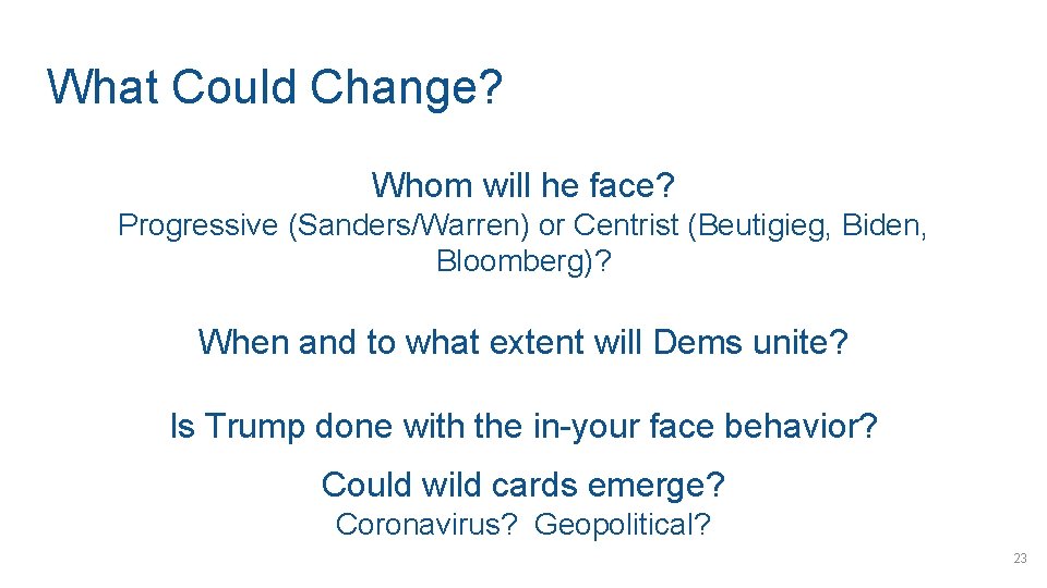 What Could Change? Whom will he face? Progressive (Sanders/Warren) or Centrist (Beutigieg, Biden, Bloomberg)?