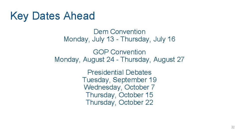 Key Dates Ahead Dem Convention Monday, July 13 - Thursday, July 16 GOP Convention