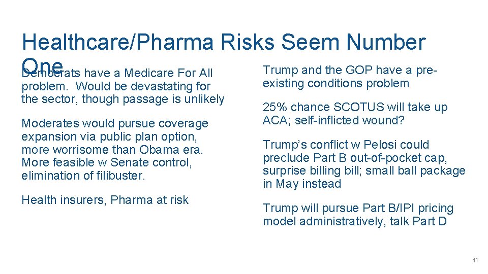 Healthcare/Pharma Risks Seem Number One Trump and the GOP have a pre. Democrats have