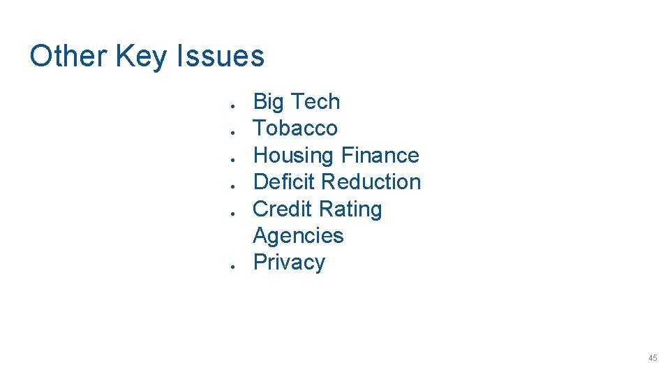 Other Key Issues ● ● ● Big Tech Tobacco Housing Finance Deficit Reduction Credit