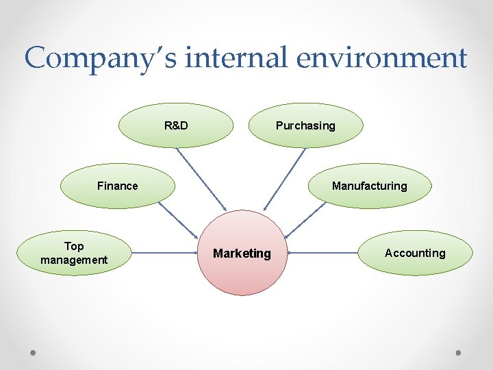 Company’s internal environment R&D Purchasing Finance Top management Manufacturing Marketing Accounting 