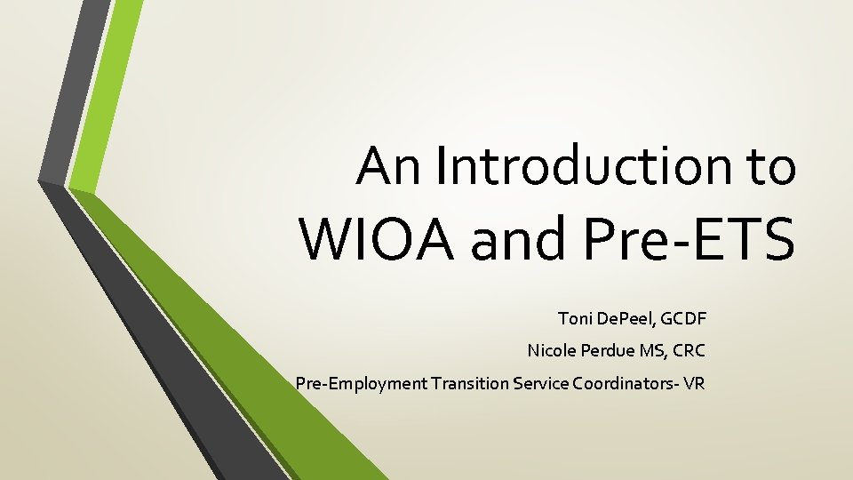 An Introduction to WIOA and Pre-ETS Toni De. Peel, GCDF Nicole Perdue MS, CRC