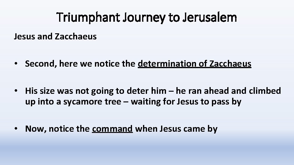 Triumphant Journey to Jerusalem Jesus and Zacchaeus • Second, here we notice the determination