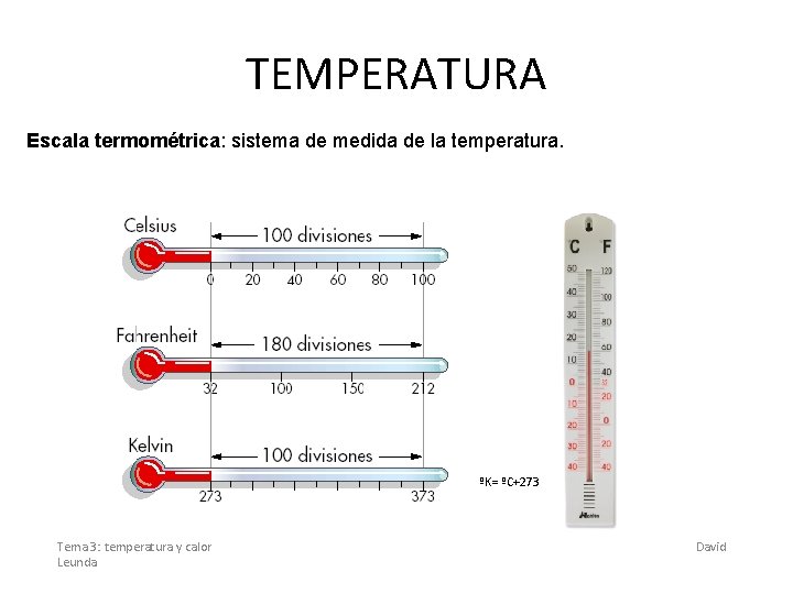 TEMPERATURA Escala termométrica: sistema de medida de la temperatura. ºK= ºC+273 Tema 3: temperatura