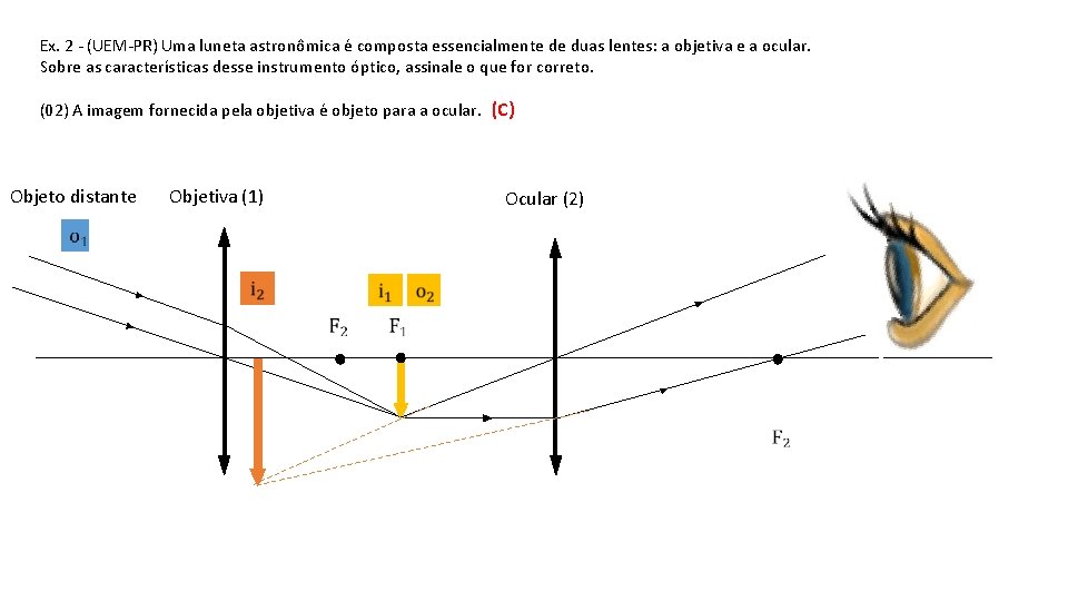 Ex. 2 - (UEM-PR) Uma luneta astronômica é composta essencialmente de duas lentes: a