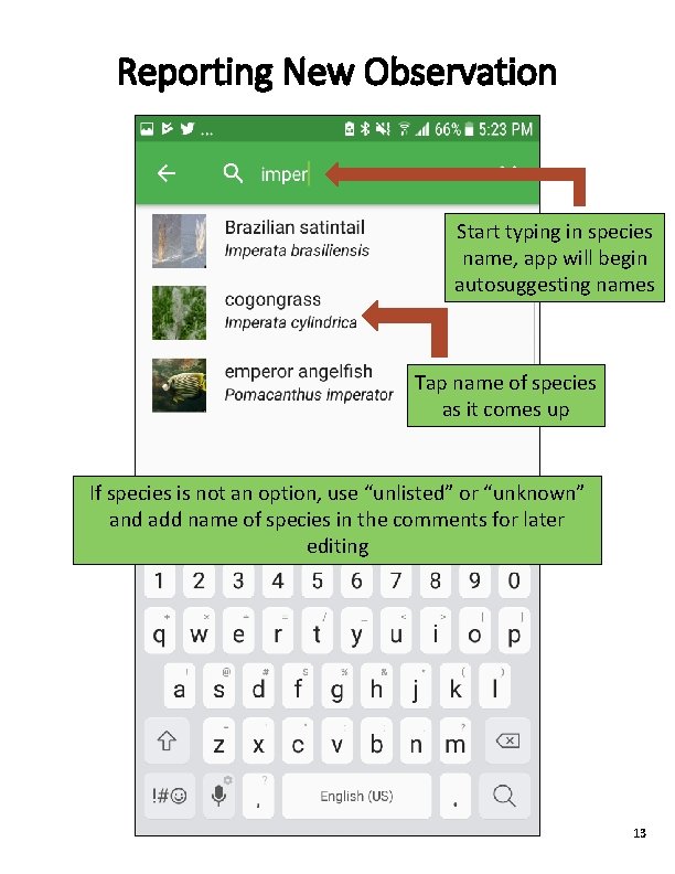 Reporting New Observation Start typing in species name, app will begin autosuggesting names Tap