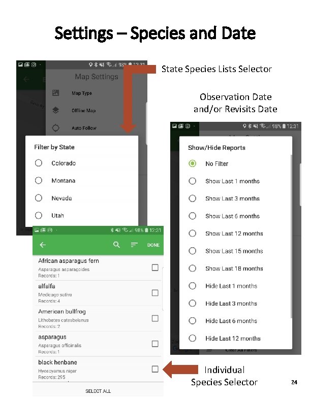 Settings – Species and Date State Species Lists Selector Observation Date and/or Revisits Date