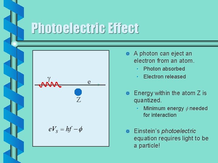 Photoelectric Effect ] g • Photon absorbed • Electron released e Z A photon
