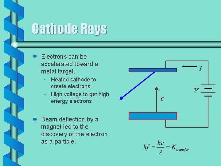 Cathode Rays ] Electrons can be accelerated toward a metal target. • Heated cathode