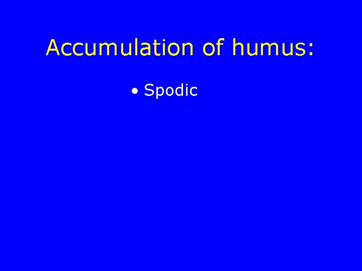 Accumulation of humus: • Spodic 