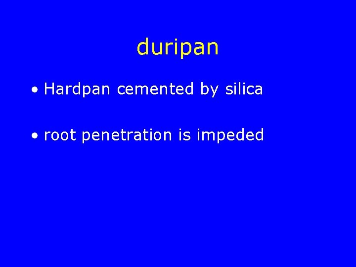 duripan • Hardpan cemented by silica • root penetration is impeded 