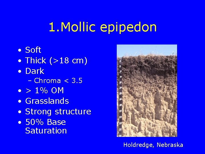 1. Mollic epipedon • Soft • Thick (>18 cm) • Dark – Chroma <