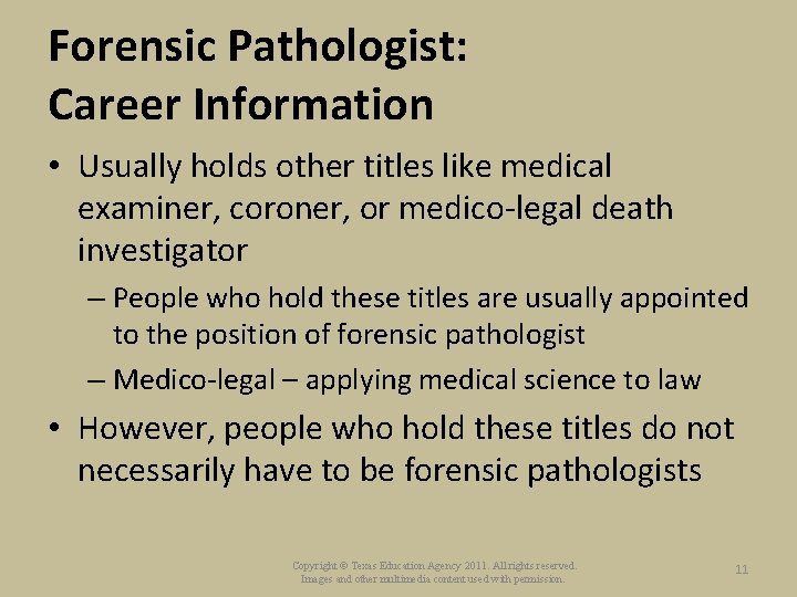 Forensic Pathologist: Career Information • Usually holds other titles like medical examiner, coroner, or