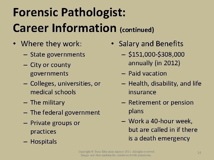 Forensic Pathologist: Career Information (continued) • Where they work: – State governments – City