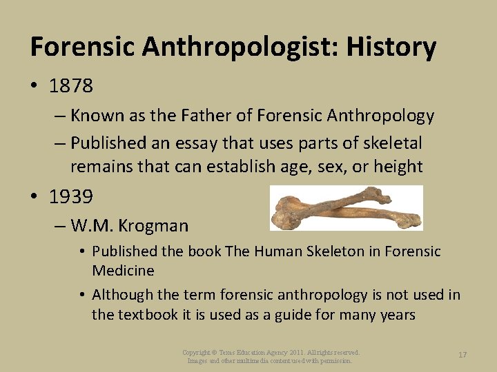 Forensic Anthropologist: History • 1878 – Known as the Father of Forensic Anthropology –