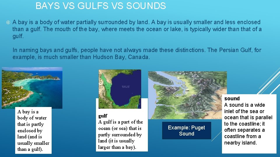 BAYS VS GULFS VS SOUNDS A bay is a body of water partially surrounded