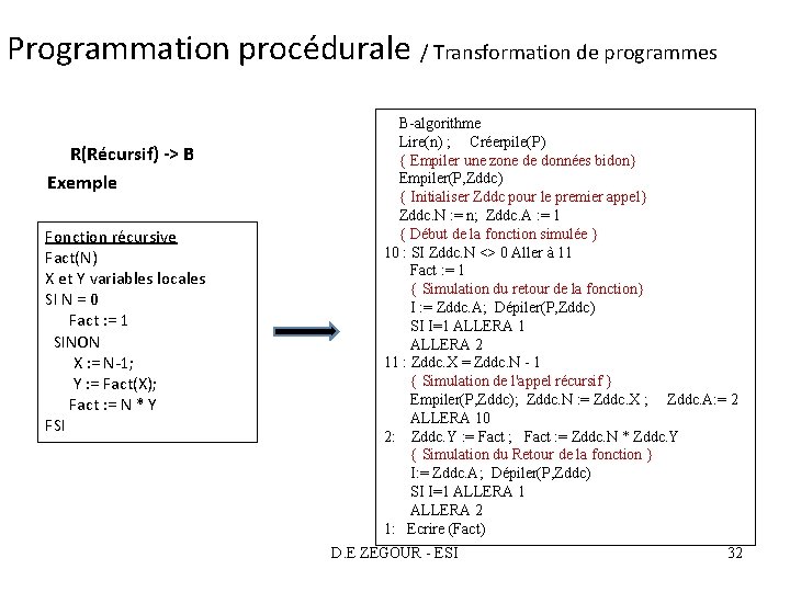 Programmation procédurale / Transformation de programmes R(Récursif) -> B Exemple Fonction récursive Fact(N) X