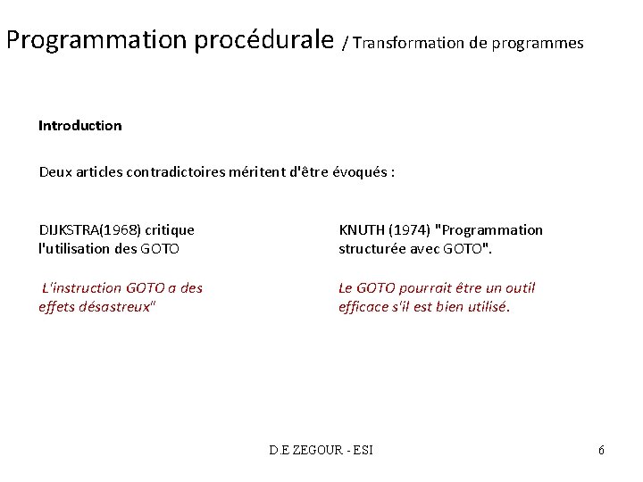 Programmation procédurale / Transformation de programmes Introduction Deux articles contradictoires méritent d'être évoqués :