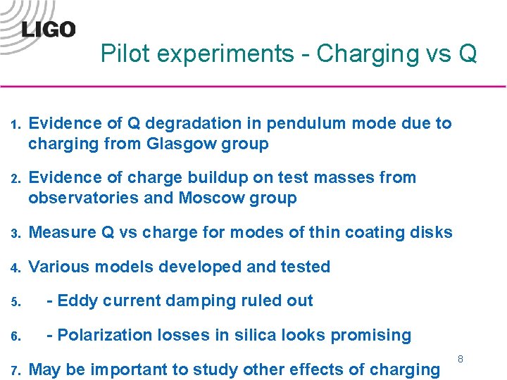 Pilot experiments - Charging vs Q 1. Evidence of Q degradation in pendulum mode