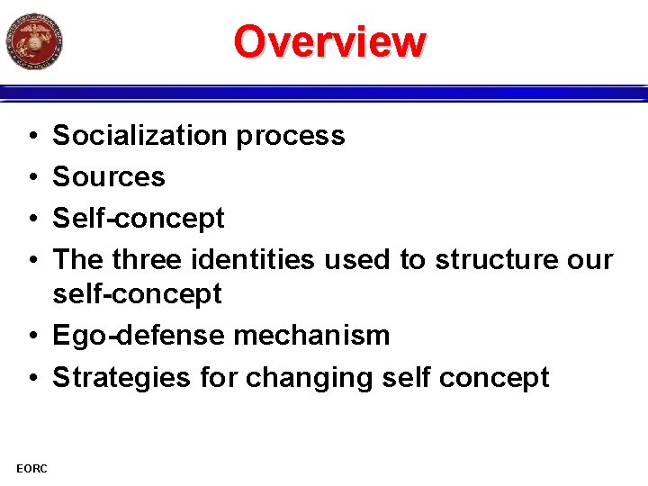 Overview • • Socialization process Sources Self-concept The three identities used to structure our