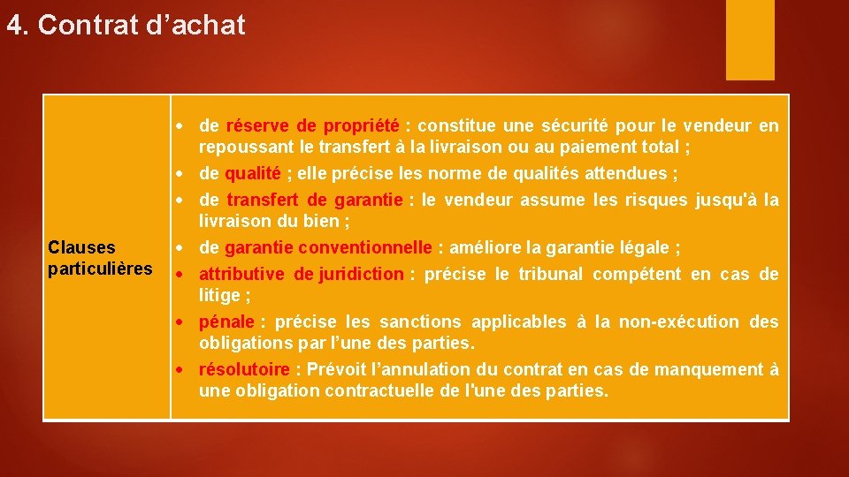 4. Contrat d’achat Clauses particulières de réserve de propriété : constitue une sécurité pour