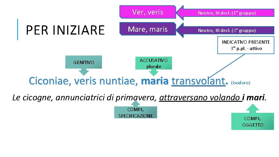 PER INIZIARE Ver, veris Neutro, III decl. (1° gruppo) Mare, maris Neutro, III decl.