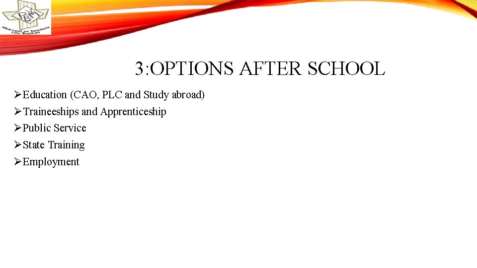 3: OPTIONS AFTER SCHOOL ØEducation (CAO, PLC and Study abroad) ØTraineeships and Apprenticeship ØPublic