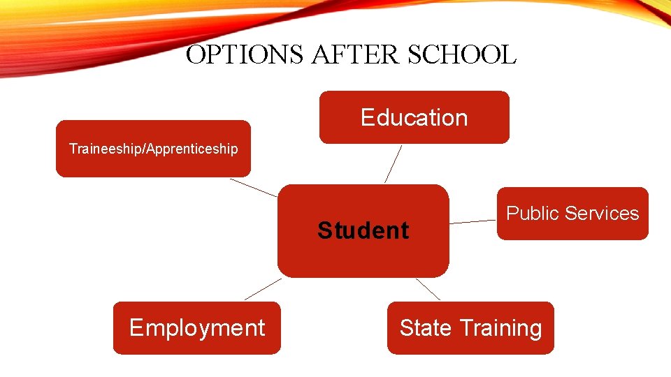 OPTIONS AFTER SCHOOL Education Traineeship/Apprenticeship Student Employment Public Services State Training 