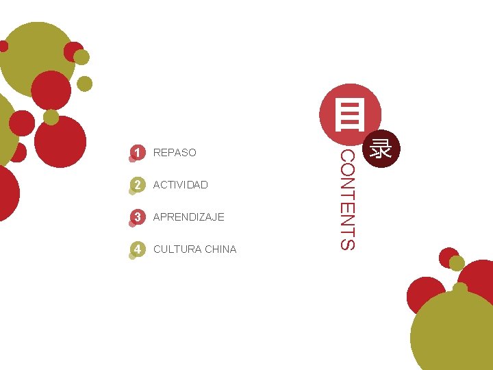 目 2 ACTIVIDAD 3 APRENDIZAJE 4 CULTURA CHINA CONTENTS 1 REPASO 录 