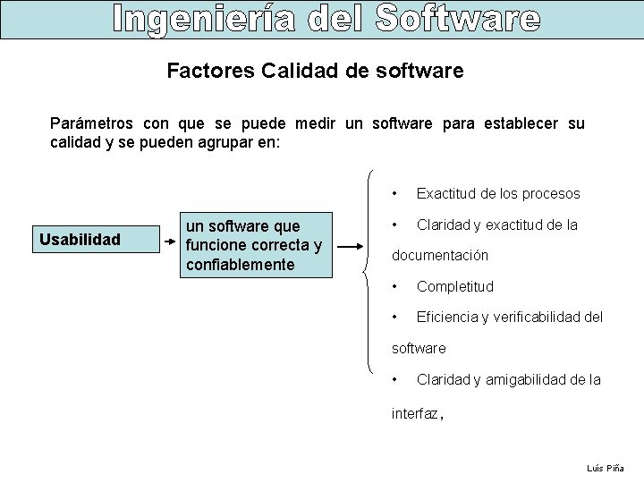 Factores Calidad de software Parámetros con que se puede medir un software para establecer