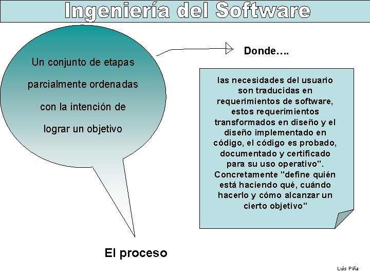 Un conjunto de etapas parcialmente ordenadas con la intención de lograr un objetivo Donde….