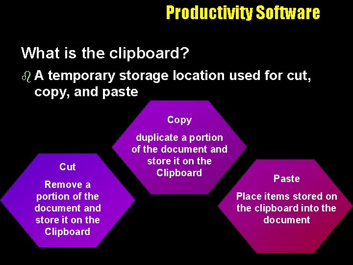 Productivity Software What is the clipboard? b. A temporary storage location used for cut,