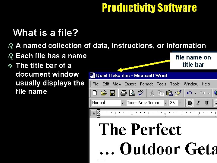 Productivity Software What is a file? A named collection of data, instructions, or information