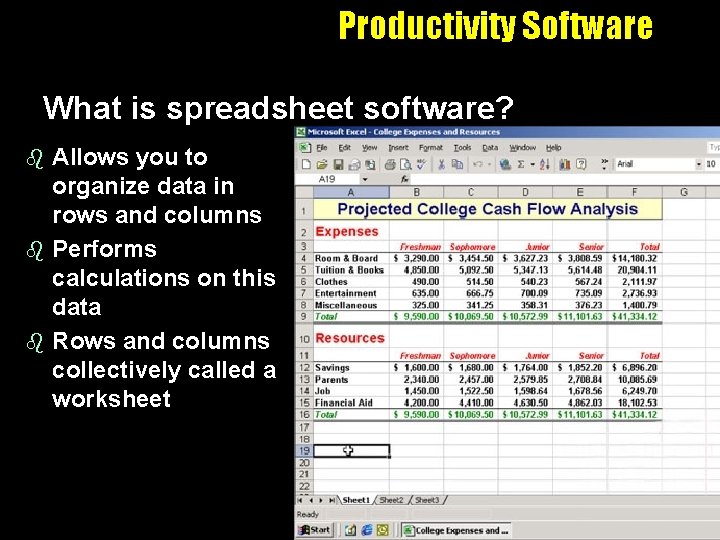 Productivity Software What is spreadsheet software? Allows you to organize data in rows and