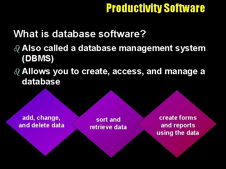 Productivity Software What is database software? b Also called a database management system (DBMS)