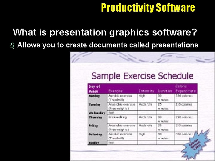 Productivity Software What is presentation graphics software? b Allows you to create documents called
