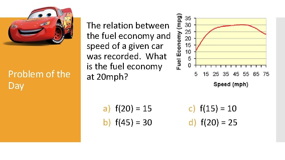 Problem of the Day The relation between the fuel economy and speed of a