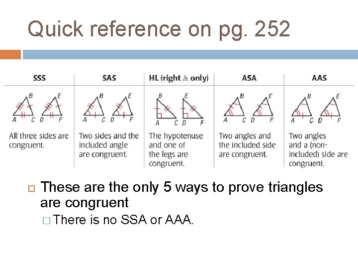 Quick reference on pg. 252 These are the only 5 ways to prove triangles