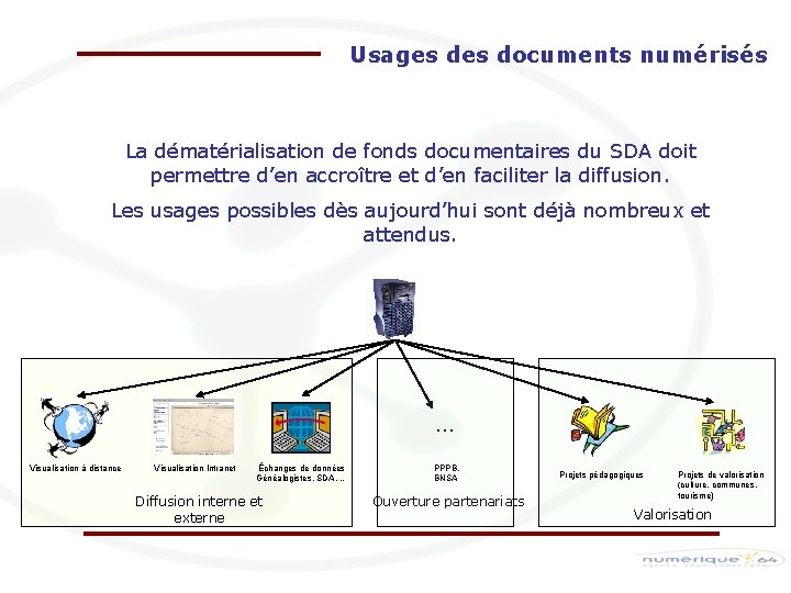 Usages documents numérisés La dématérialisation de fonds documentaires du SDA doit permettre d’en accroître