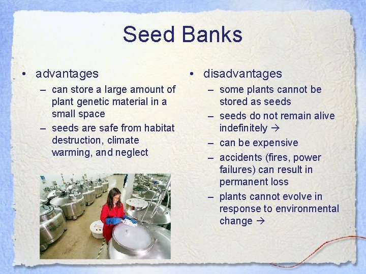 Seed Banks • advantages – can store a large amount of plant genetic material