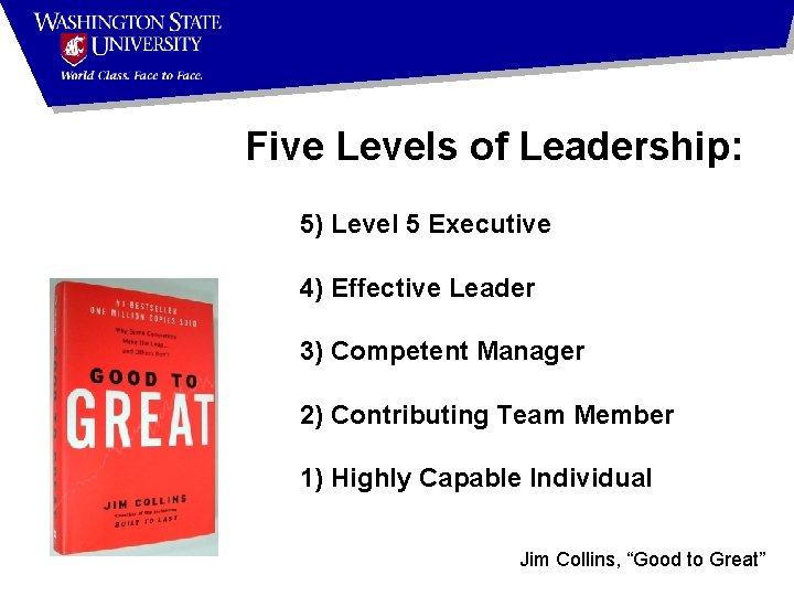 Five Levels of Leadership: 5) Level 5 Executive 4) Effective Leader 3) Competent Manager