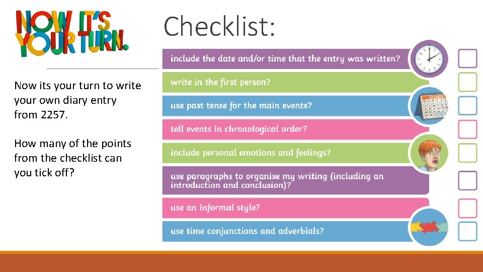 Checklist: Now its your turn to write your own diary entry from 2257. How