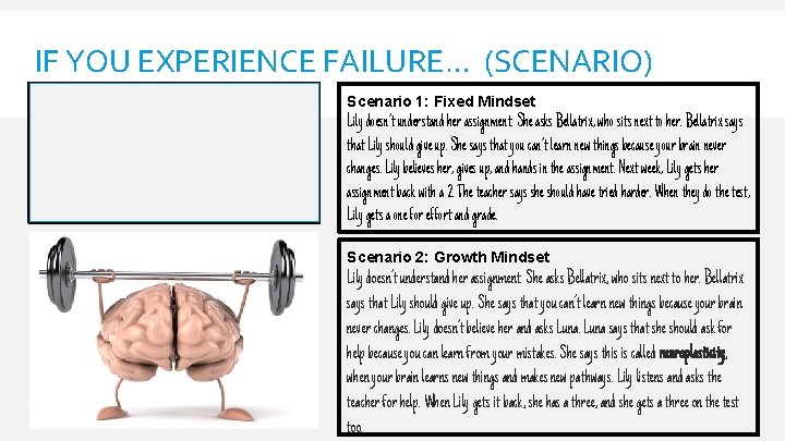 IF YOU EXPERIENCE FAILURE… (SCENARIO) Growth Mindset Person- Luna Person who Changes- Lily Fixed